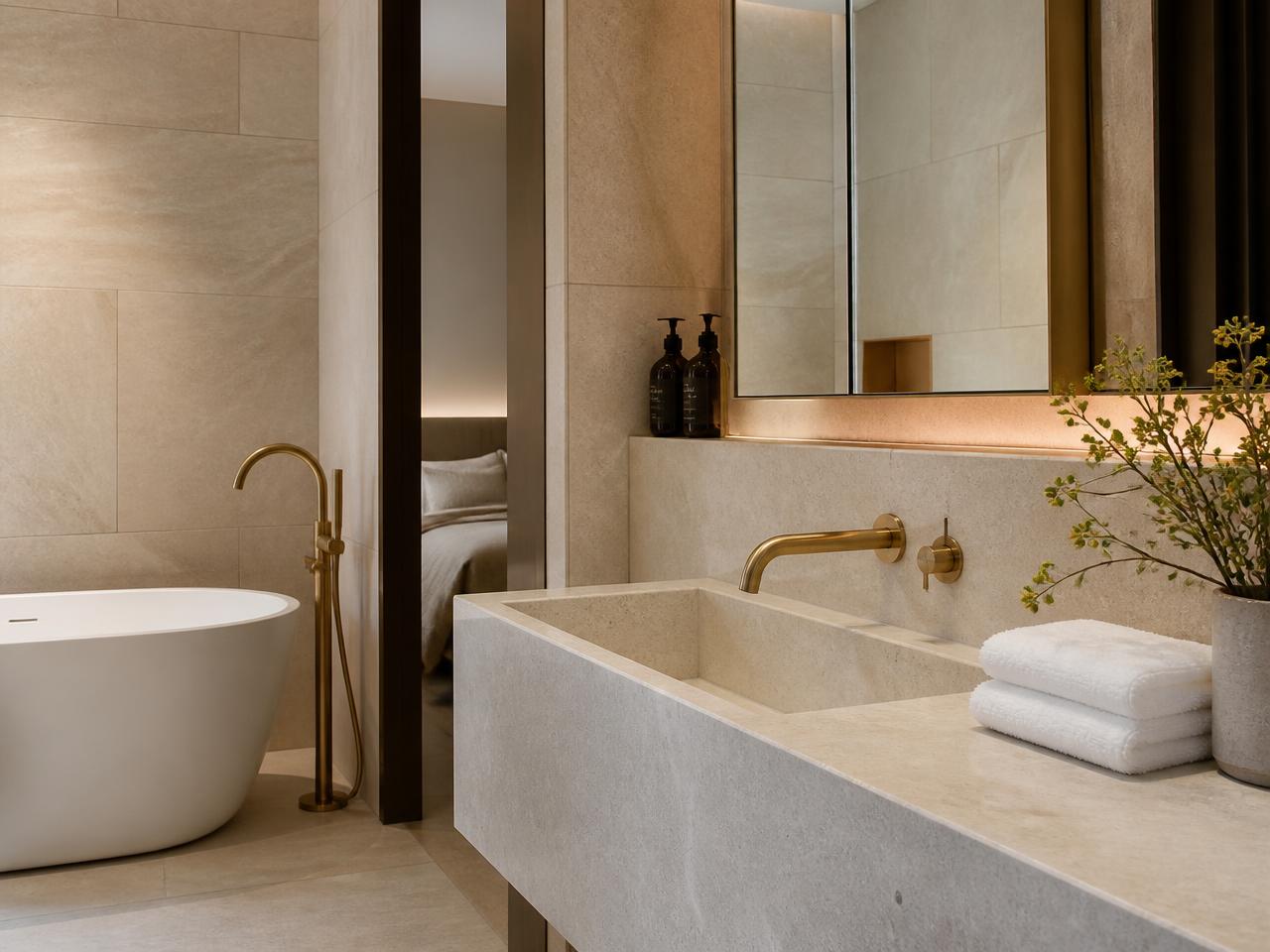 Bathroom with stone surfaces, brass tapware and folded white towels