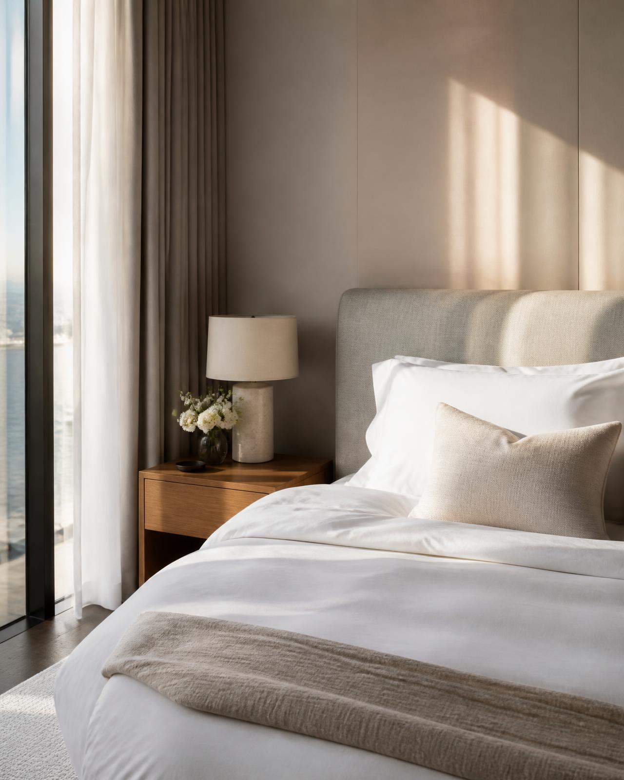 Main bedroom with premium white hotel-quality linens and morning light