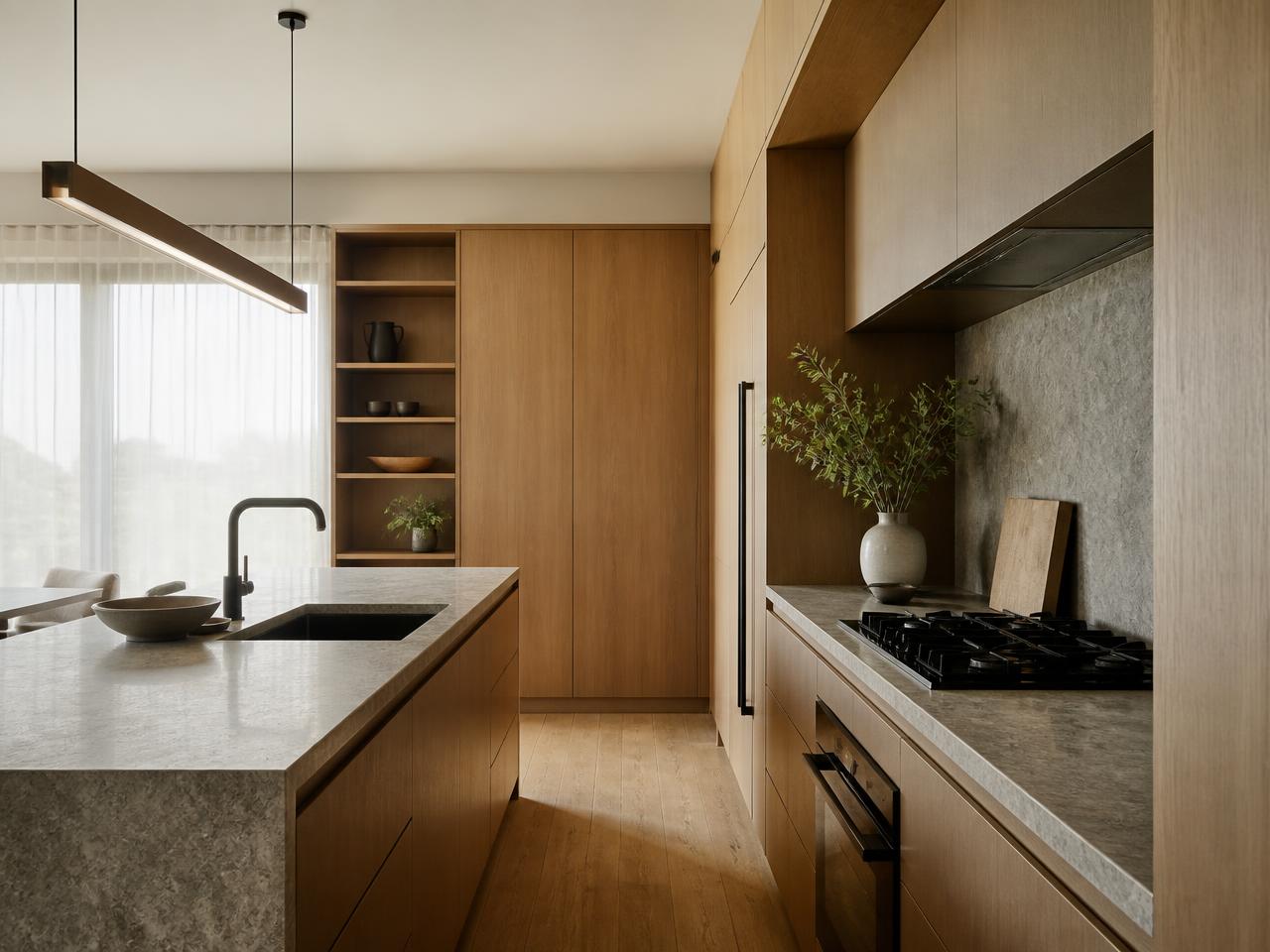 Fully equipped kitchen with stone benchtop and timber cabinetry