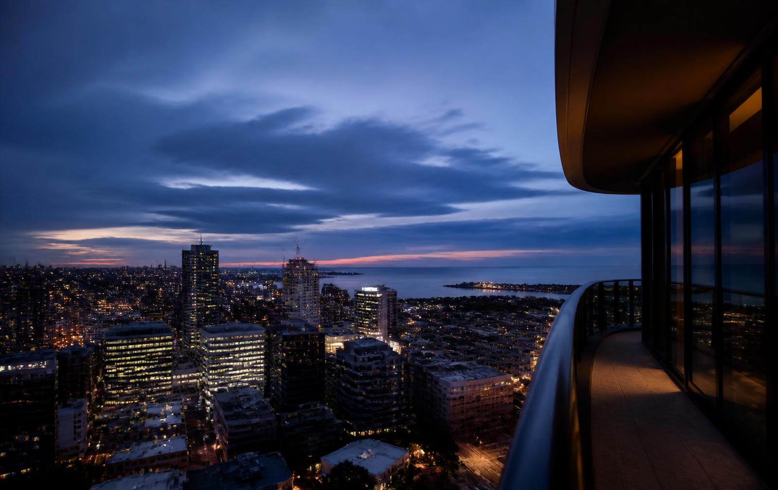 Melbourne skyline and the bay seen from the apartment's balcony at blue hour